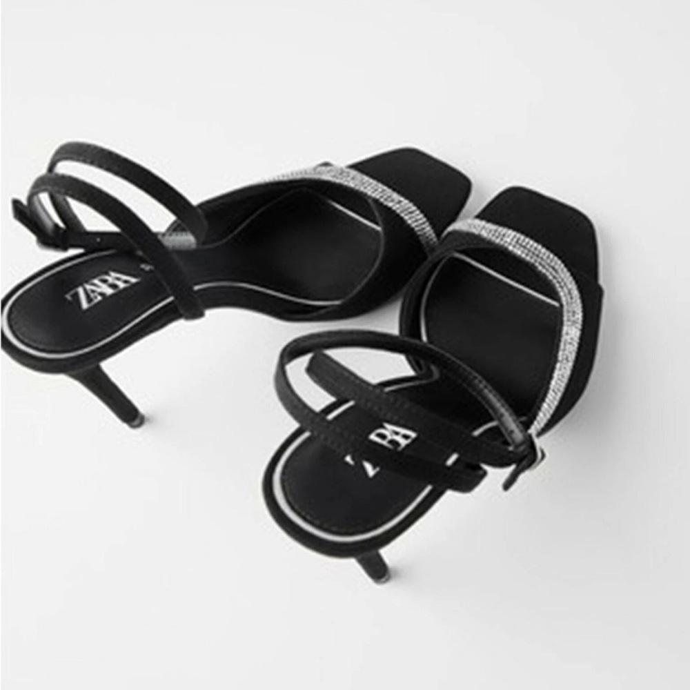 NWOT Zara Black Strappy Heels with Silver Accents
